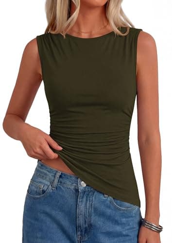 PRETTYGARDEN Boat Neck Tops for Women 2026 Spring Asymmetrical Sleeveless Slim Fit Blouses Summer Going Out Ruched Tank Top (Army Green,Small) - Image 1