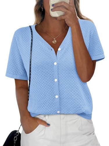 NALANISA Women's Short Sleeve Sweater Spring Summer Crochet Knit Tops 2026 V Neck Solid Color Button Down Dressy Casual Blouses(Solid Light Blue,XXL) - Image 1
