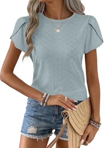 ANRABESS Womens Tops Summer Eyelet Petal Short Sleeve T Shirts Dressy Casual Blouses Ladies Basic Tees 2026 Spring Clothes Sage Green Small - Image 1