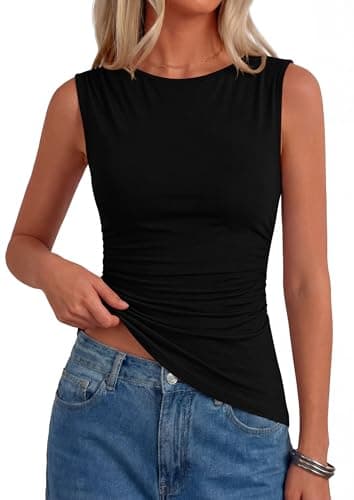 PRETTYGARDEN Boat Neck Tops for Women 2026 Spring Asymmetrical Sleeveless Slim Fit Blouses Summer Going Out Ruched Tank Top (Black,X-Large) - Image 1