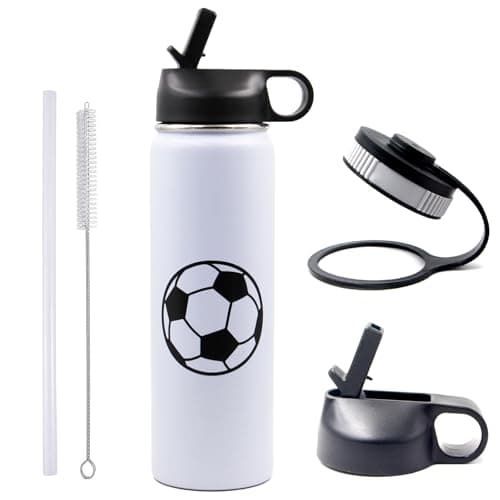 Soccer Water Bottle 22 oz Sports Flask Metal Travel Tumbler with 2 Lids, BPA Free Stainless Steel Double Wall Vacuum Insulated Water Bottles, Soccer Gifts for Boys Girls Player