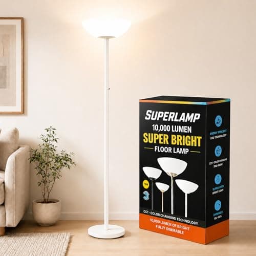 Modern Floor Superlamp 10000 Lumen - LED 75W, Dimmable 5 Changing Color, 85 CRI All Around Light, Tall Corner Standing Lamp with Cement Base and Acrylic Shade, Glare Free UpLight Kit Ready - White - Image 1