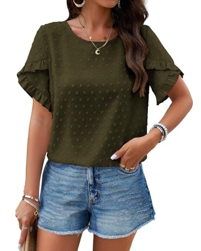 PRETTYGARDEN Women's Tops 2026 Summer Ruffle Short Sleeve Crewneck Blouses Swiss Dots Solid Loose Tunics Work Shirts(Army Green,X-Large) - Image 1