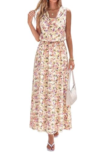 PRETTYGARDEN Floral Dress for Women 2026 Spring Formal Sleeveless Cowl Neck Graduation Summer Wedding Guest Maxi Long Dresses(Floral Apricot,Small) - Image 1