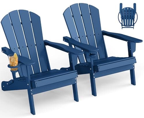 GREENVINES Folding-Adirondack-Chairs-Set-of-2 | w/Cup Holder | HDPE Plastic | All-Weather Patio Fire Pit Chairs | for Outdoor Poolside Deck | Blue - Image 1