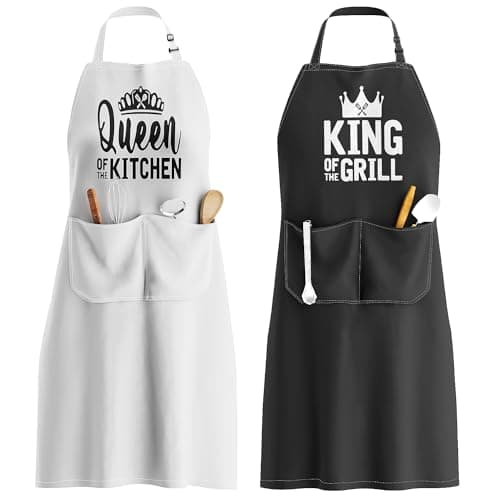 King & Queen Apron Set - Matching Couples Kitchen Aprons with Deep Pockets & Reinforced Stitching - Waterproof Professional Cooking Gear for Wedding, Engagement, Bridal Shower, Valentines, Christmas - Image 1