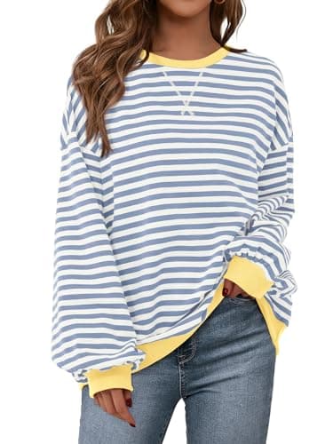 PRETTYGARDEN Womens Striped Oversized Sweatshirt Color Block Crew Neck Long Sleeve Casual Loose Pullover Top Y2K Clothes (Blue Beige, X-Large) - Image 1