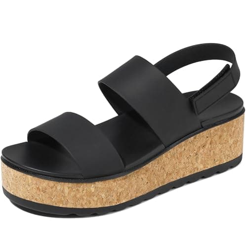 Marc Ford Women's 2026 Black Cork Wedge Sandals Platform Chunky Lug Sole Lightweight Comfortable Waterproof Summer Beach Vacation Essentials Trendy Walking Shoes Resort Wears Size 7.5 - Image 1