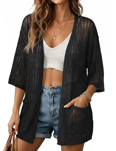 BB&KK Lightweight Summer Crochet Cardigan for Women 3/4 Sleeve Open Front Sheer Knit Boho Kimono Cardigans with Pockets Black L - Image 1