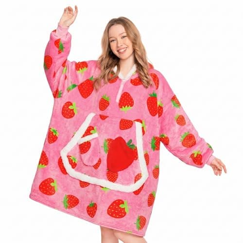 OLAOLA Strawberry Wearable Blanket Hoodie for Adult, Oversized Animal Hooded Blanket with Pockets & Sleeves, Soft Sherpa Strawberry Print Sweatshirt Comfy for Birthday Gifts - Image 1