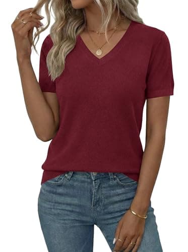 LaGracia Sweater for Women V Neck Short Sleeve Summer Spring Sweaters Wool Blend Business Casual Tops DarkRed L - Image 1