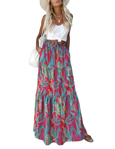 Aprolive Women's Maxi Skirts Chiffon A-Line Midi Skirt Elastic Waist Ruffle Smocked Skirt High Waisted Tiered Skirts Swing Beach Dress(1-A Multicolor,XX-Large) - Image 1