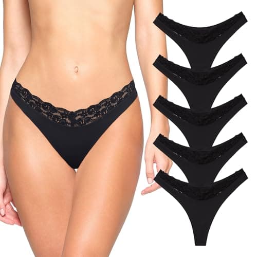 REORIA Womens Sexy Lace Seamless Thongs Panties for Women Cheeky No Show Breathable Underwear 5-Pack - Image 1