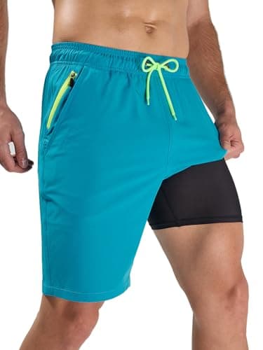 Arcweg Men's Swim Trunks with Compression Liner and Zipper Pockets Quick Dry Large Bathing Suit Sky Blue Board Swimming Shorts - Image 1