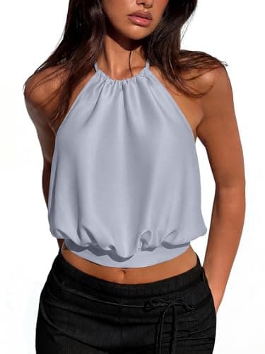 REORIA Women's Halter Backless Crop Top Sexy Sleeveless Summer Going Out Outfits 2026 Trendy Grey Blue Large - Image 1