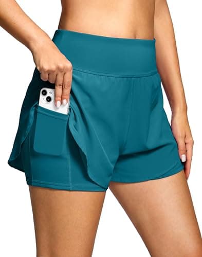 Soothfeel Women's 2 in 1 Running Shorts - High Waisted Lightweight Athletic Workout Gym Yoga Shorts Spandex Liner with Pockets Borealis_Green S - Image 1