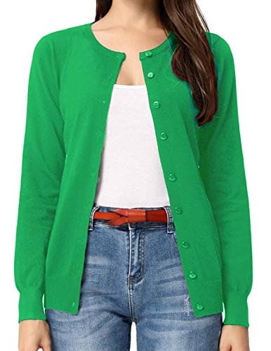 GRACE KARIN Women's Long Sleeve Button Down Crew Neck Classic Sweater Knit Cardigan(XL,Green) - Image 1