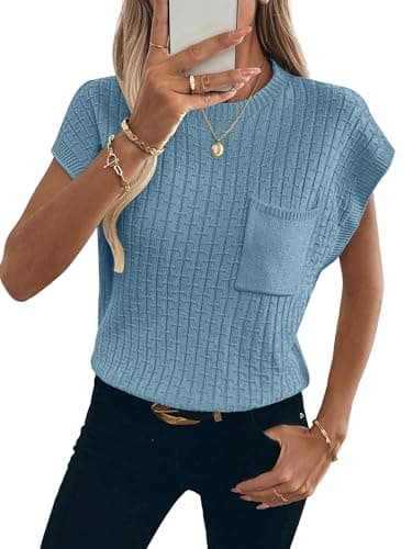RICHSTORY Short Sleeve Sweaters for Women 2026 Spring Summer Cap Sleeve Sweaters Tops Casual Round Neck Lightweight Knit Pullover Top Blue XX-Large - Image 1