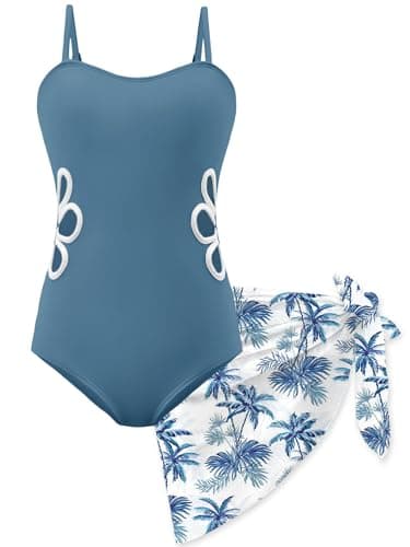 AMAWMW Girls Swimsuit Cut Out One Piece Bathing Suit with Tropical Print Cover Up Skirt Adjustable Straps Girls' Swimwear Dark Blue - Image 1