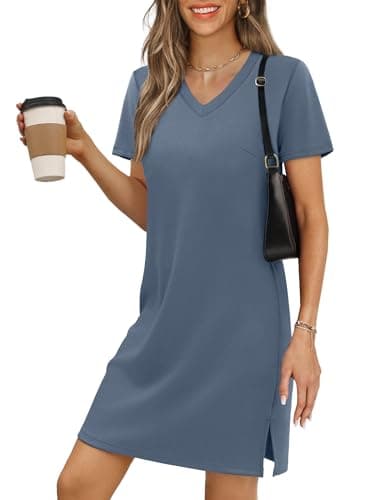RUMIA Sundress for Women Short Sleeve Summer Dress Mini Vacation Dress V-Neck Beach Sundress Dustyblue S - Image 1