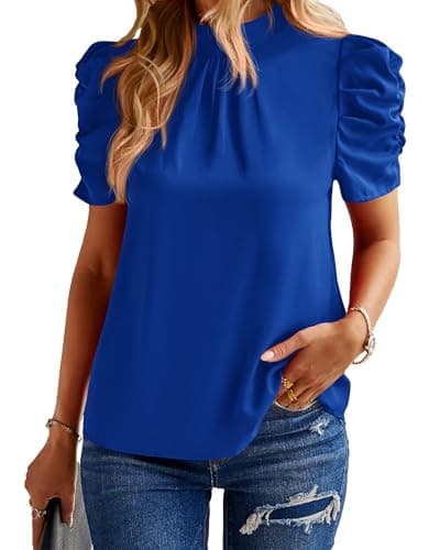 BTFBM Womens Tops 2026 Dressy Casual Blouses Summer Spring Clothes Mock Neck Short Sleeve Shirts Business Work Fall Outfits(Solid Blue, Medium) - Image 1