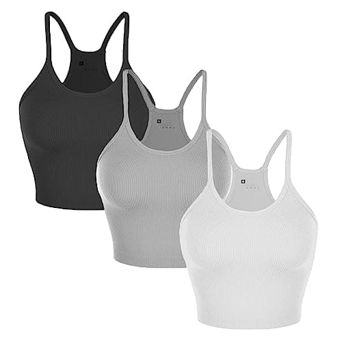 Nicytore 3-Pack Women's Seamless Crop Top Ribbed Camisole No Padding Racerback Tank Tops (Black/White/Gray, L) - Image 1