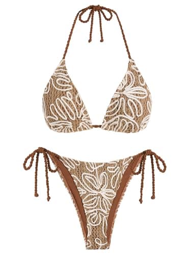 ZAFUL Crochet Triangle Bikini Halter Sting Bikinis Cute Cheeky Two Piece Swimsuit Sexy Bathing Suit for Women 2026 Brown - Image 1