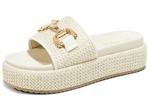 Coutgo Womens Platform Sandals Raffia Espadrilles Metal Chain Slip on Open Toe Cute Beach Slide Sandals - Image 1
