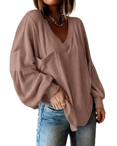BTFBM Womens Fall Fashion 2026 Long Sleeve Shirts Casual V Neck Ribbed Knit Blouses Pullover Trendy Loose Fit Tunic Tops(Solid Khaki, Medium) - Image 1