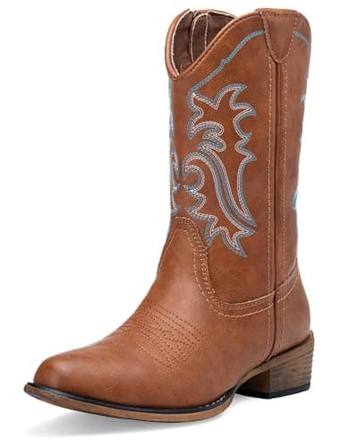 Jeossy Women's Brown Round Toe Cowboy Boots Mid-Calf Western Cowgirl Boots with Stitched Embroidery, 9806 Fashion Boots for Country Concert & Daily Outfits Size 7 (DJY9806 brown 07) - Image 1
