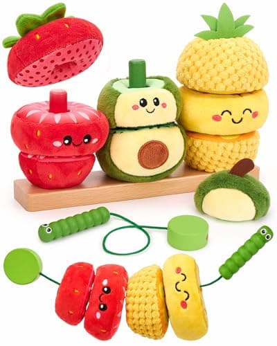 hahaland Stacking Rings Baby Toy - Soft Sorting & Stacking Fruits with Wooden Stacker, Threading Toy 12 Months+ Developmental Color Matching Montessori Toys 1 Year Old Boy 1st Birthday Girl Gifts - Image 1