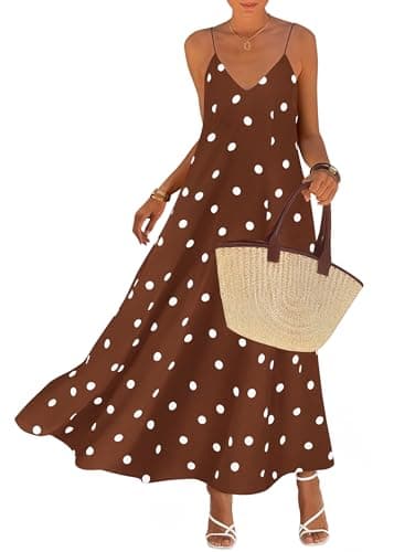 KIRUNDO Polka Dot Dress for Women Summer 2026 Sleeveless Spaghetti Strap Beach Vacation Cruise Boho Long Flowy Maxi Dresses(Brown, XX-Large) - Image 1