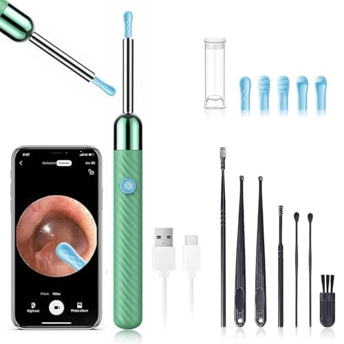 LEIPUT Ear Wax Removal - Earwax Remover Tool with 8 Pcs Ear Set - Ear Canal Cleaner with 1080P Camera - Ear Cleaning Kit with 6 Ear Spoon - Ear Camera for iOS & Android (Green) - Image 1