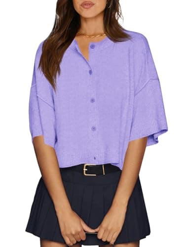 Cicy Bell Womens Half Sleeve Cardigan Sweaters Cropped Button Down Tops Oversized Lightweight Ribbed Knit Summer Outfits Purple - Image 1