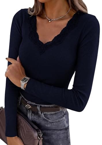 PRETTYGARDEN Women's Long Sleeve Shirts Lace Trim V Neck Ribbed Slim Fitted Basic Tees Y2K Going Out Tops 2026 Fall Clothes (Navy Blue,Large) - Image 1