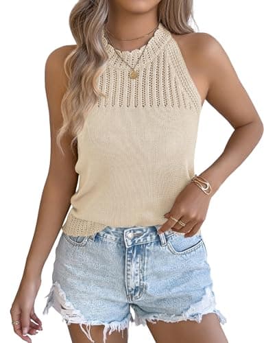 Yeokou Women Summer Knit Tank Crochet Sleeveless Crewneck Top Stretchy Casual Sweater Vest(Apricot-S) - Image 1