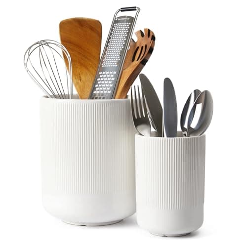 Pokini Utensil Holder, 7.3"+5.3" Large Ceramic Kitchen Utensil Holder for Countertop, Cooking Utensil Holder for Kitchen Counter Decor, Modern Kitchen Utensils Holder, Bright White