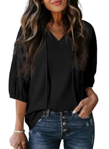 Dokotoo Black Tops for Women Trendy Summer Loose Fit Casual Beach Vacation Essentials Womens Shirts Lace-up Vneck Womens Summer Outfits Hollow Out 3/4 Puff Sleeve Boho Tops for Women Medium - Image 1