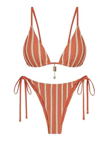ZAFUL Burnt Orange Crochet Bikini Sets for Women Cheeky Two Piece Tropical Bathing Suits Striped Brazilian High Cut Knit Swimsuit for Vacation Resort Wear - Image 1