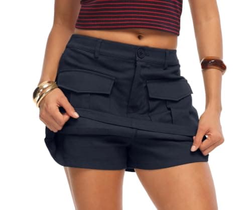 HiMONE High Waisted Cargo Skort for Women Mini Skirt with Shorts Underneath Casual Utility Style with Pockets(Navy Blue-L) - Image 1