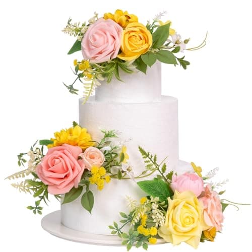 TINGE TIME 3Pcs Pre-made Cake Toppers,Silk Artificial Flowers Decor,Cake Decorations for Weddings, Birthdays, Party,Baby Shower,Celebration (PeachPink&Yellow) - Image 1