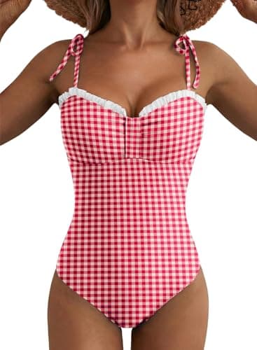 Herseas Women's One Piece Bathing Suits High Cut Removable Pad 2026 Summer Slimming Cute Chic Sweetheart Neck Ruffled Trim Beach Outfits for Teens Red Checkerboard Small - Image 1