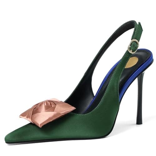 Atsroel Slingback High Heels for Women Pointed Toe Buckle Floral Knot Pumps Silk Stiletto Heels Comfortable Dressy Wedding Heeled Shoes Green Heels