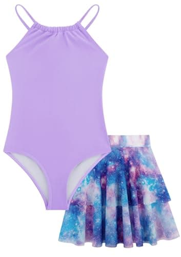Girls Swimsuit One Piece Bathing Suit Tankini Swimwear with Skirt Purple 5-6Y - Image 1