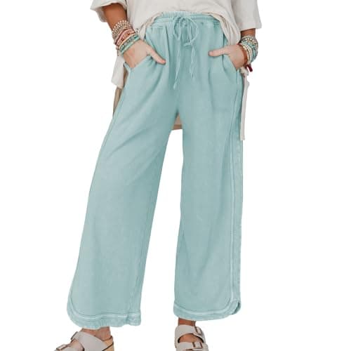 Ainangua Women's Casual Wide Leg Pants High Waist Acid Wash Baggy Palazzo Pants Athletic Lounge Trousers with Pockets(Mint-Green,XS) - Image 1