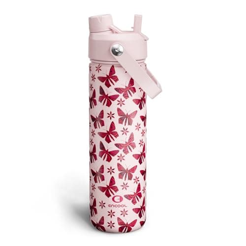 ENCOOL Insulated Water Bottle with Straw Stainless Steel Water Bottle, Leak-Proof, BPA-Free, Double Wall Vacuum Keeps Cold for 24 Hours for Sports, Travel, School (26 oz, Petal Butterfly) - Image 1