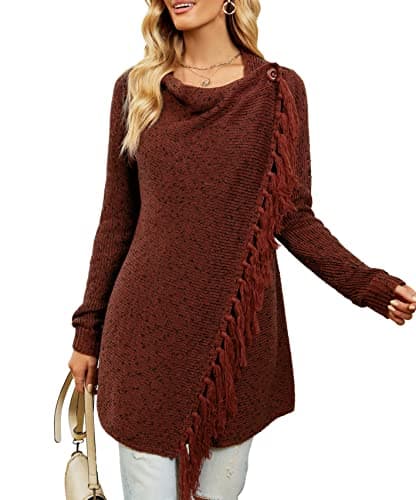 CEASIKERY Women's Tassel Hem Sweater Long Cardigan Knitwer Pullover Poncho Coat Red Brown - Image 1