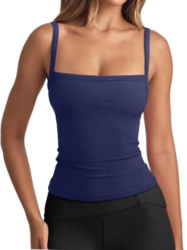 REORIA Women's Square Neck Tank Top Sleeveless Ribbed Basic Crop Tops Going Out Outfits Navy Blue Medium - Image 1