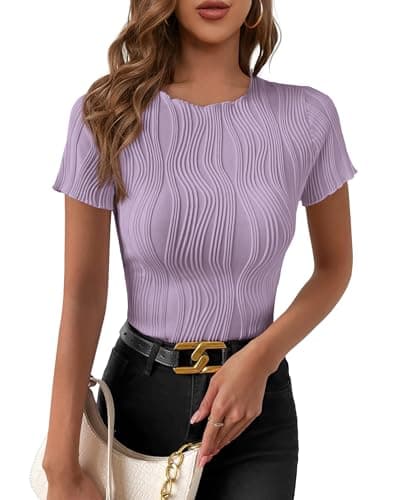 PRETTYGARDEN Women's Summer Tops 2026 Casual Short Sleeve Crewneck Slim Fit T Shirts Basic Knit Y2K Top Textured Blouse(Purple,X-Large) - Image 1