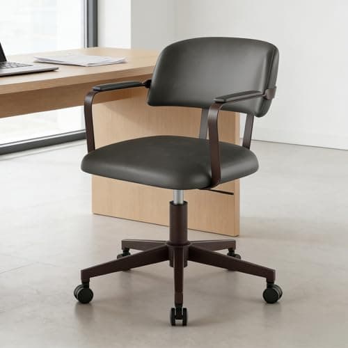 BERYTH Home Office Desk Chair, Mid-Century Modern Desk Chair with Padded Arms, Adjustable Seat Height, Mid Back 360° Small Computer Chair with Mobile Mute Wheel, PU Leather (Dark Grey) - Image 1
